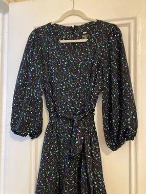 DKNY Women’s Tie Waist Dress Long Sleeve - Black Purple Green - Sz 12 Worn Once